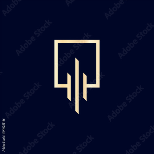 A vector golden logo featuring an abstract image classical columns framed within a rectangle, symbolizing stability, order, and architectural heritage.