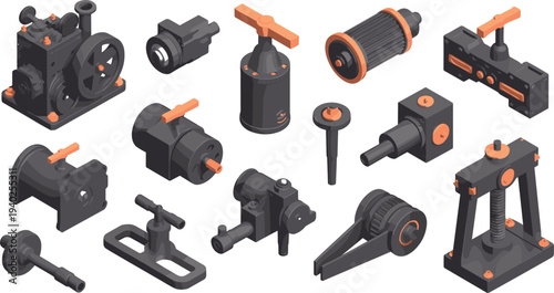 Isometric industrial mechanical components set, machinery parts valves gears engineering equipment technical illustration collection