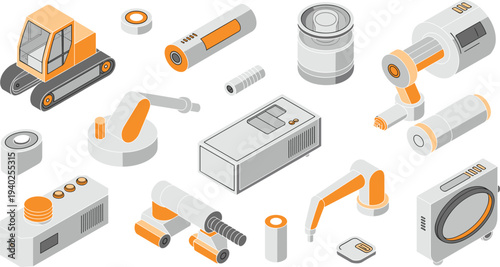 Isometric industrial robotics equipment set, robotic arms factory machines automation technology manufacturing engineering industry machinery illustration collection