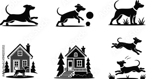Dog silhouette collection, playful puppy running jumping with ball, pet near house icons, black canine vector set for stock