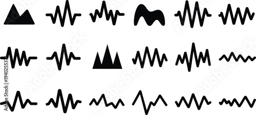 Collection of abstract black audio waveform icons on light gray background representing sound signal visualization, music frequency waves, digital audio technology and acoustic design elements