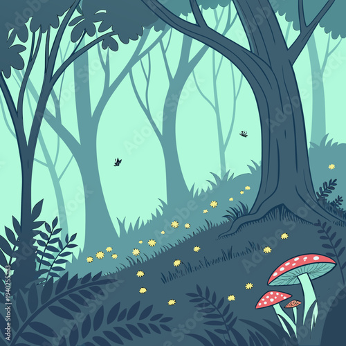 Enchanted glowing forest with fireflies, fantasy vector 2