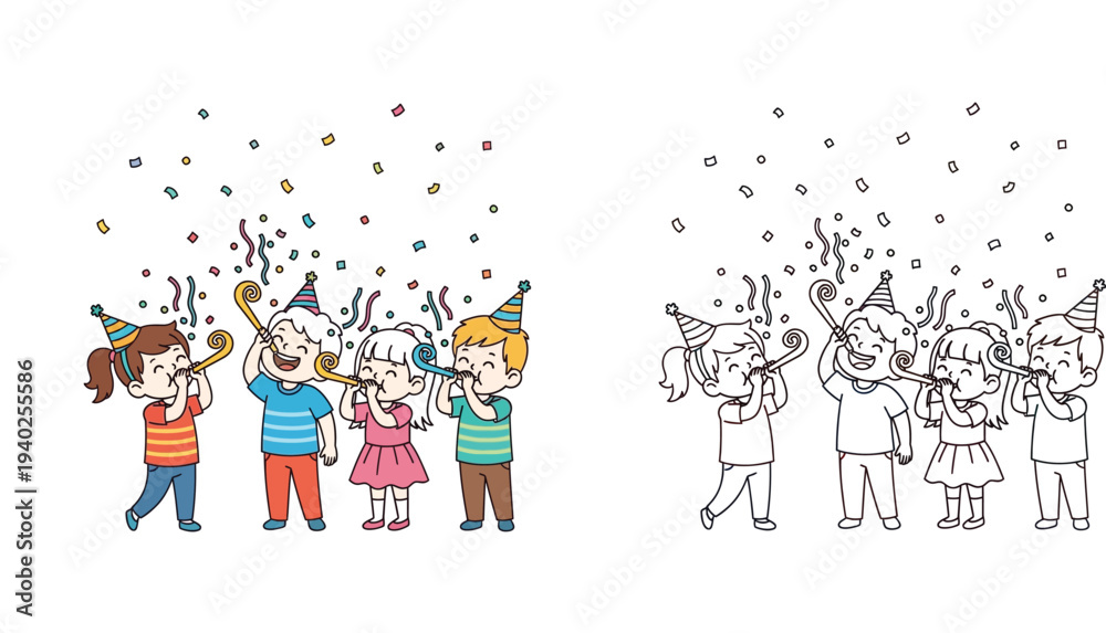 Fototapeta premium Happy kids celebrating a birthday party with confetti and blowers. Cute children in party hats, colorful and black and white coloring page vector illustration.