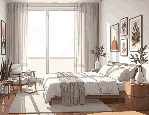 Isolated a realistic Natural bedroom interior with plenty of natural light vector art with white background..