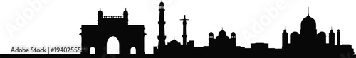India famous monuments skyline silhouette featuring Gateway of India, Qutub Minar, Christ the Redeemer statue and Taj Mahal, minimal landmark cityscape illustration