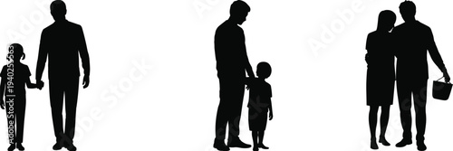 Family Silhouette Collection, Father With Child Walking Holding Hands, Parent Child Bonding, Happy Family Relationship Concept Illustration