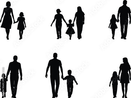 Family walking silhouettes set, parents and children holding hands together love parenting care lifestyle vector illustration collection