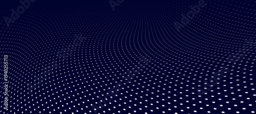 Minimal futuristic particle landscape made of white glowing dots forming smooth digital terrain waves over dark blue background. Ideal for technology, artificial intelligence, data visualization.