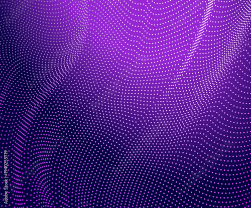 Minimal futuristic particle landscape made of white glowing dots forming smooth digital terrain waves over dark blue background. Ideal for technology, artificial intelligence, data visualization.