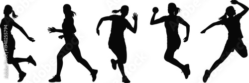 Female Athlete Running and Throwing Ball Silhouette Set, Women Sports Action Poses, Fitness Training Activity Vector Illustration