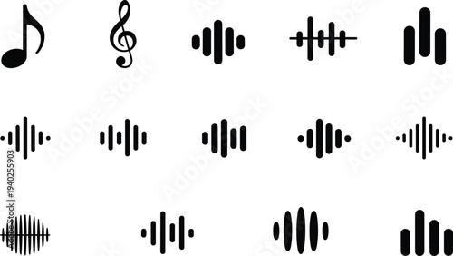 Set of music note, treble clef and audio waveform icons on light gray background representing sound frequency visualization, equalizer and digital audio technology