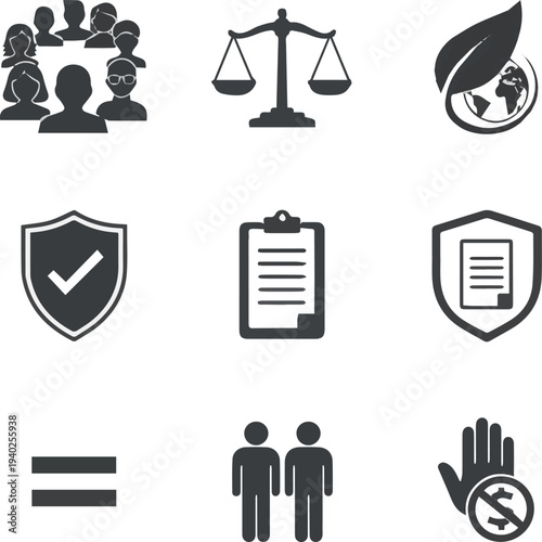 Isolated a realistic Social Governance and Human Rights solid icon set. Featuring Diversity, Justice, Sustainability, Regulation, Equality, and Anti-Corruption. Vector icons for CSR, vector art.