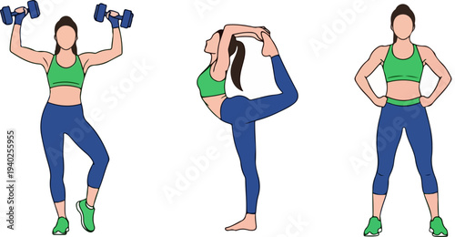 Set of 3 diverse female fitness workout poses vector illustrations for health, exercise, and active lifestyle designs, featuring weightlifting, yoga, and standing poses.