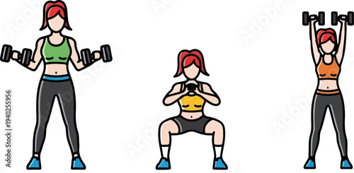 Set of 3 Fitness Exercise Icons Vector: Woman Lifting Dumbbells, Squatting, and Overhead Pressing for Workout and Gym Concepts