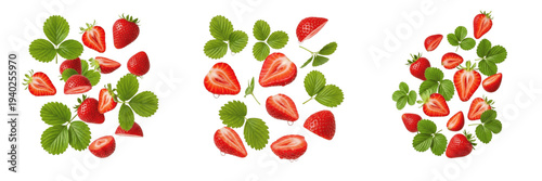 Flying fresh strawberry pieces and halves with leaves isolated on white background