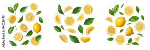 Flying fresh lemon slices and whole fruit with green leaves isolated on white background