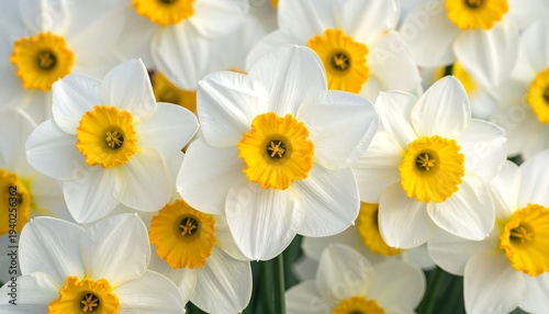 Close-up of White Daffodils with Yellow Centers in Full Bloom.