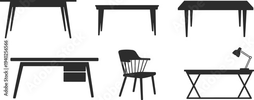 Modern desk and chair furniture silhouettes collection, office workspace tables with lamp minimal interior vector illustration set
