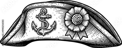 Vintage Nautical Hat Emblem With Anchor And Rosette Illustration