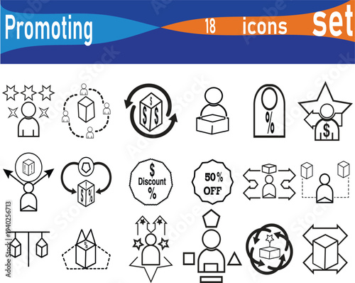 Set of 18 inventory management and logistics line icons featuring SKU barcode, warehouse storage, shipping containers, scanner, pallet, stock levels, order picking, receiving, and analytics.