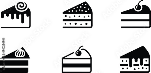 Collection of cake slice icons set with cherry chocolate strawberry cream toppings, minimal black glyph dessert symbols for bakery menu design