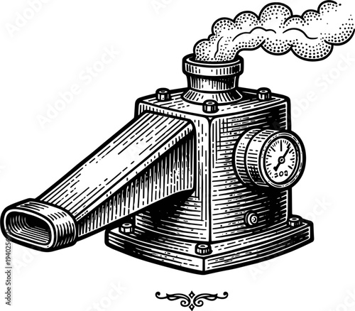 Vintage Steam Powered Machine With Gauge And Smoke From Pipe Industrial Illustration