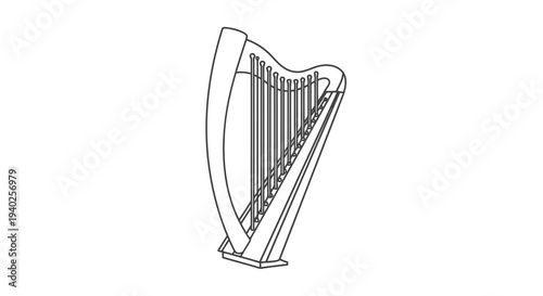 A simple line drawing of a harp on a white background, viewed from the side.