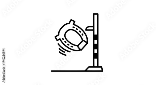 A simple line drawing of a wheel rotating on a stand.