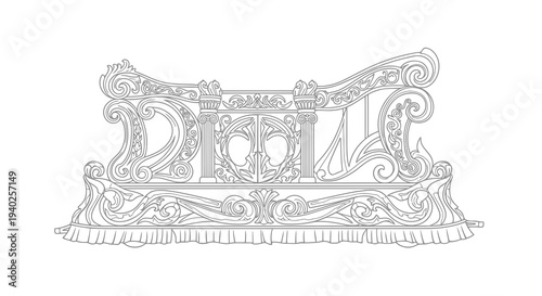 An ornate, hand-drawn illustration of the word 'death' with intricate designs and a decorative base.