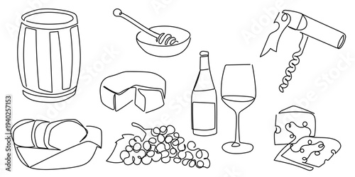 A set of hand drawn continuous line elements for wine making components, wine barrels, grape clusters, cheese, honey, wine glasses, and wine openers. Editable stroke.