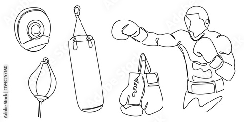 A set of hand drawn continuous line drawing elements for boxing, including boxers, boxing targets, boxing bags, and boxing gloves. Editable stroke.