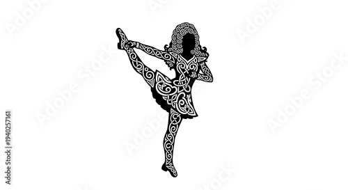 A woman in a dynamic yoga pose, showcasing flexibility and balance in a beautiful black and white illustration.