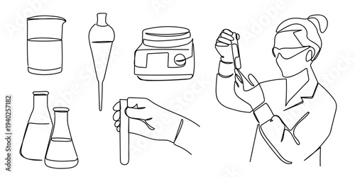 A set of hand drawn continuous line drawing elements for science experiments test tubes, researchers, beakers, and scientific balances. Editable stroke.