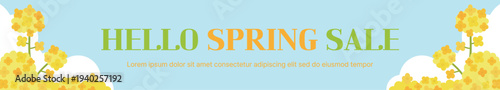 Horizontal web banner for "HELLO SPRING SALE" with yellow canola flowers and white clouds on a blue sky background. Floral vector illustration with copy space for seasonal promotions.