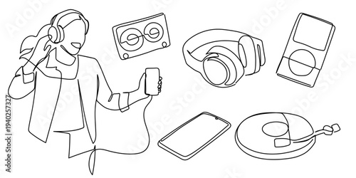 A set of hand drawn continuous line drawing elements for listening to music. The image depicts a teenage girl listening to music with headphones, an MP3 player, a cassette tape Editable stroke.