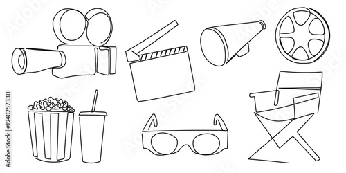 A set of hand drawn continuous line drawings as elements for film set equipment film camera, megaphone, director's chair, film reel, popcorn and soda, and 3D glasses. Editable stroke.