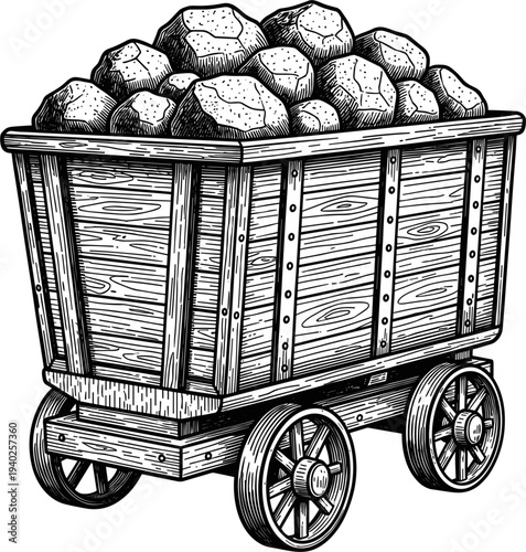 Vintage Wooden Mining Cart Filled With Rocks and Coal on Wheels