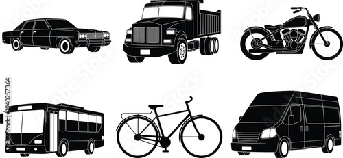 Transportation vehicle silhouettes collection, car truck motorcycle bus bicycle van icons, black transport illustration set for mobility concept