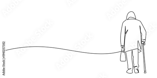 Continuous line drawing style. An elderly person walking with a cane. Rear view. Editable stroke.