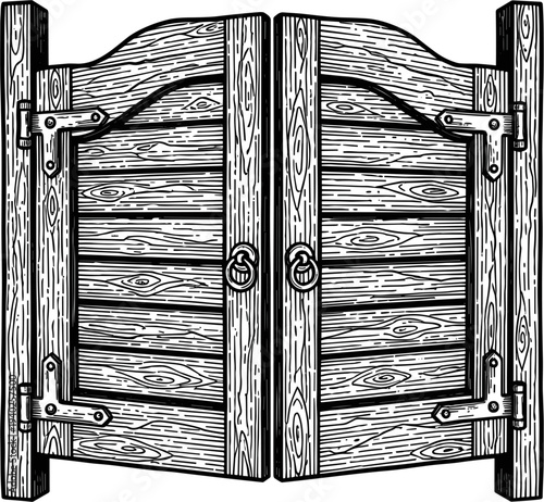 Vintage Wooden Swinging Doors With Metal Hinges And Handles