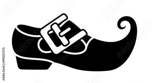 A black graphic of a shoe with a large buckle and a curled toe, reminiscent of historical or theatrical footwear.