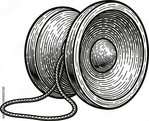 Vintage Wooden Yo Yo Toy with String Detailed Engraving Style Black and White Isolated