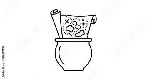 A simple line drawing of a mortar and pestle with a bag of ingredients on top.