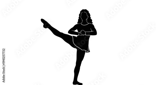 A silhouette of a woman kicking with her leg raised high in a dynamic pose.