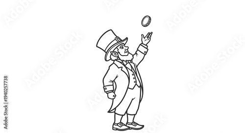A cartoon man wearing a top hat and tossing a coin into the air.