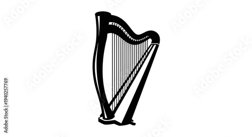 A simple black and white illustration of a harp on a white background.