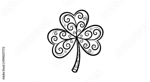A beautiful black and white drawing of a four-leaf clover with intricate swirl designs.
