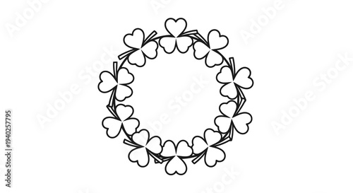A simple black and white illustration of a shamrock wreath on a white background.
