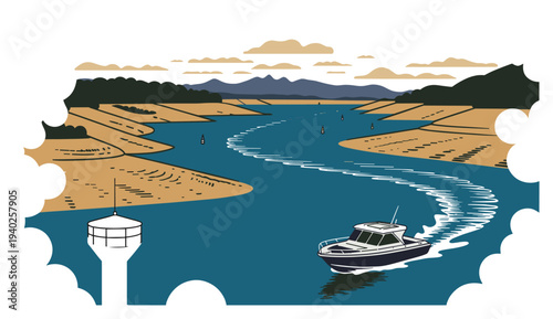 Motor boat navigating river landscape with water tower. Motor boat navigating river channel near water tower infrastructure in rural landscape. Environmental river illustration.