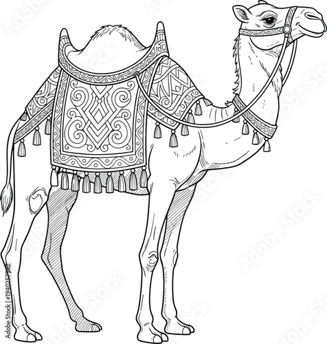 Hand drawn camel with decorative saddle illustration, detailed desert animal vector line art for Arabian culture and travel design